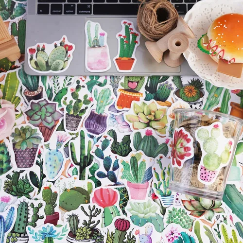 Vista 2 de Calcomanías de plantas verdes, 100 calcomanías de cactus, calcomanías de vinilo impermeables para laptop, patineta, Hydro Flask para computadora