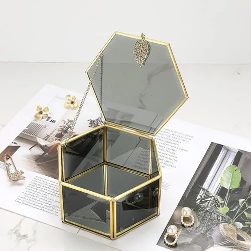 Vista 4 de ELLDOO Joyero de cristal negro organizador de joyería hexagonal con ribete dorado caja de recuerdo decoración decorativa caja de vidrio con tapa