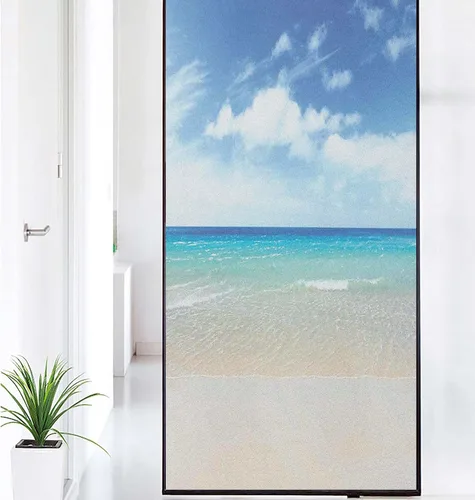 Vista 22 de Película decorativa de privacidad para ventana, control de calor, bloqueo solar, protección UV, diseño abstracto oceánico, adherencia estática Azul