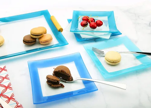 Vista 3 de GAC - Platos cuadrados de postre de vidrio templado de colores azules surtidos, 6 pulgadas, juego de 5, resistentes a la rotura, aptos para horno