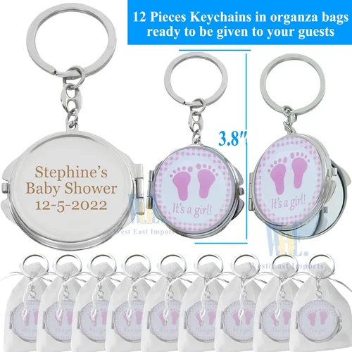 Vista 2 de 12 llaveros personalizados para baby shower con espejo rosa para niña, con diseño de huella de bebé, regalo personalizado grabado