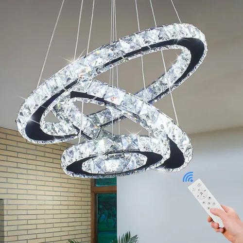 Vista 9 de Lámpara de araña moderna de cristal de corazón de 3 anillos con iluminación LED colgante de acero inoxidable para sala de estar, comedor y blanco