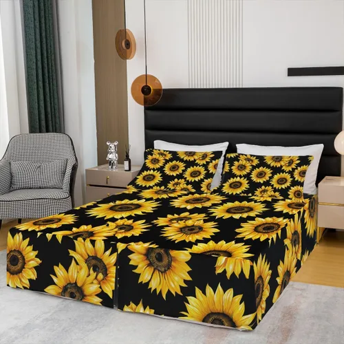 Vista 3 de Falda de cama individual de girasol, flores soleadas con esquinas divididas, faldas de cama bohemias florales amarillas, falda de cama para plantas