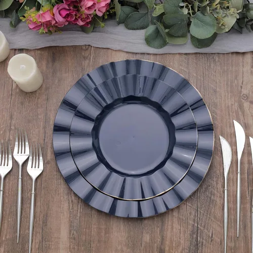 Vista 34 de Tableclothsfactory Paquete de 10 platos redondos de plástico negro de 6 pulgadas para ensalada de postre, platos desechables con borde ondulado