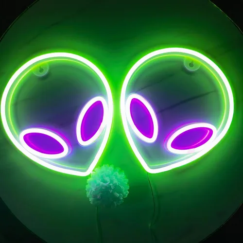 Vista 9 de Letrero de neón con cabeza de alienígena, 1 unidad, luz de neón de alienígena verde y morado, USB o 3 pilas AA, divertido letrero de neón iluminado