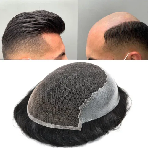 Vista 14 de Mens Toupee Human Hair Replacement System Swiss Lace Toupee For Men Hair Piece Protesis Capilar Mens Hairpiece 5X7#1 Jet Black 120% Density