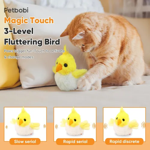 Vista 3 de Petbobi Juguetes para gatos, pájaro aleteante, juguete interactivo para gatos con alas aleteadoras y sonidos de chirrido, juguete recargable por USB