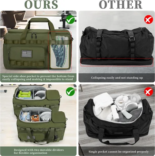 Vista 3 de ZOMFELT Bolsas de gimnasio para hombres y mujeres, bolsa táctica de viaje con divisores extraíbles y compartimento para zapatos, bolsa de transporte