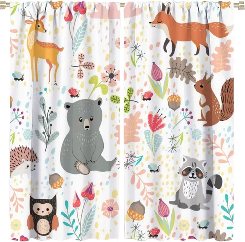 Vista 38 de YCness Cortinas para niños y niñas, diseño de animales de la selva, bosque de otoño, dibujos animados, ciervos, conejos, zorros, búhos, cortinas