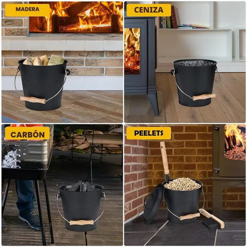 Vista 6 de Cubo de cenizas de metal de 1.5 galones con tapa, pala, escoba - Para chimeneas, estufas de leña