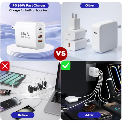 Vista 10 de Bloque de carga rápida para iPhone 17/16, paquete de 2 bloques de carga USB de 60 W, adaptador de carga de 5 puertos para Apple iPhone cargador