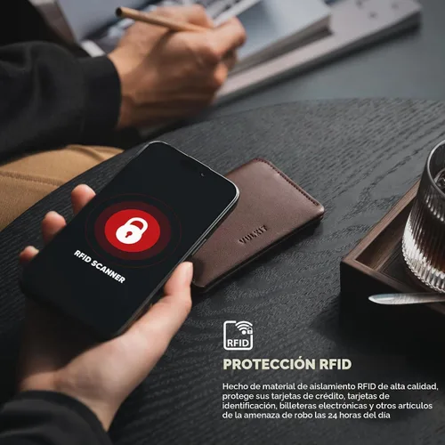 Vista 5 de VULKIT Cartera delgada minimalista con bloqueo RFID de cuero genuino, tarjetero con bolsillo frontal, cierre magnético, Espresso, Minimalista