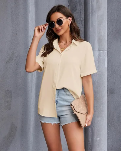 Vista 2 de YAMANMAN Women's Button Down Shirt Work Short Sleeve Collared Blouse Classic Loose Tops Office Chiffon Blouse