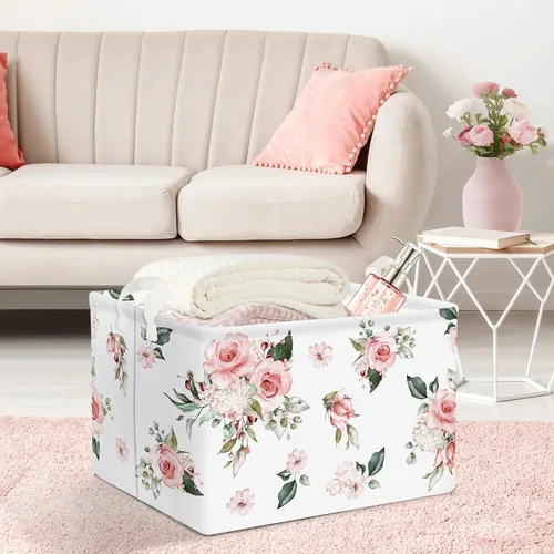 Vista 4 de Clastyle Cesta de regalo de niña floral rosa rectangular vacía con rosas y flores, cesta de almacenamiento para ropa de bebé, juguetes para libros