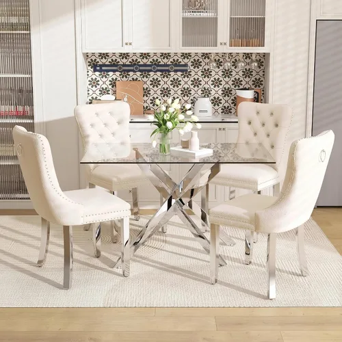 Vista 25 de Juego de mesa de comedor de 51 pulgadas de vidrio para 4, mesa de cocina rectangular de vidrio con 4 sillas tapizadas con acentos de terciopelo