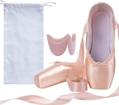 Vista 8 de Zapatos de punta de satén para niñas y mujeres, zapatos de ballet profesionales con cinta para la escuela o el hogar (elige una talla más grande)