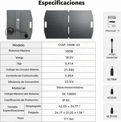 Vista 7 de LVYUAN Panel solar portátil de 100 W para estación de energía, panel solar plegable 23.5% monocelda con ETFE, IP65 P-PERC con adaptador 4 en 1