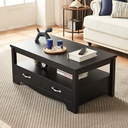Vista 2 de LINSY HOME Mesa de centro de granja con almacenamiento, mesa de centro de madera para sala de estar, área de exhibición abierta y cajones