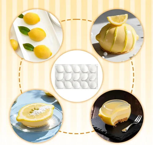 Vista 3 de Molde de silicona de limón con 15 cavidades, molde de mousse para hornear, bandeja de hornear con forma de fruta para postres, chocolates, dulces