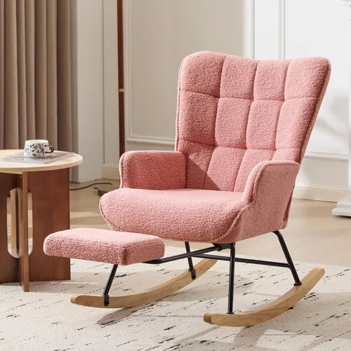 Vista 14 de Furniliving - Mecedora tapizada para cuarto de bebé, silla deslizante, mecedora moderna con reposapiés retráctil, silla de lectura con respaldo