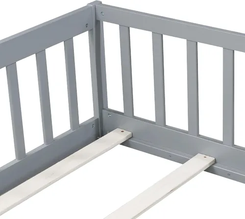 Vista 7 de Cama Montessori de tamaño matrimonial con tablillas, puerta y valla, cama Gris