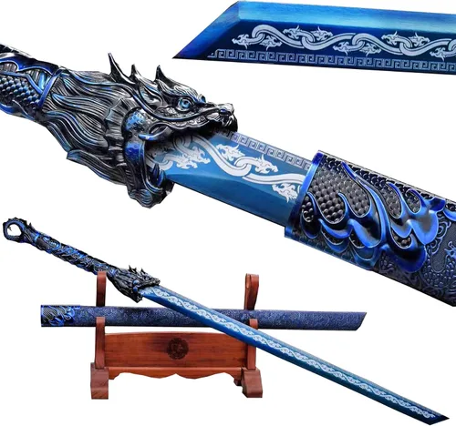 Vista 9 de Espada de hoja recta de acero al carbono hecha a mano con patrón genial, espada Dragón Tang Dao china Dorado