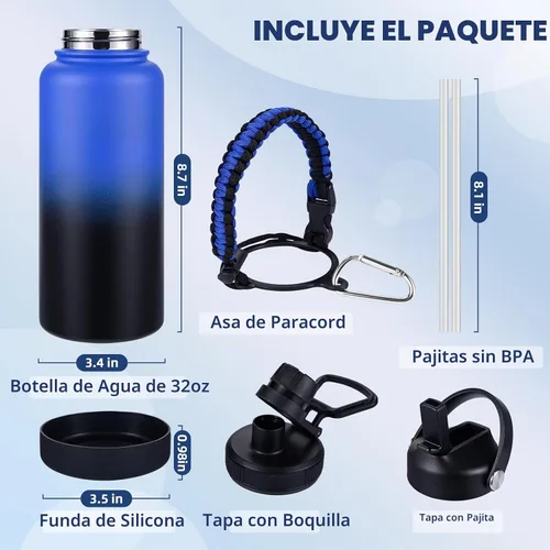 Vista 2 de Botella de Agua Aislada, botellas de agua de boca ancha de acero inoxidable de 32 onzas con 2 tapas a prueba de fugas y mango de paracord, botella