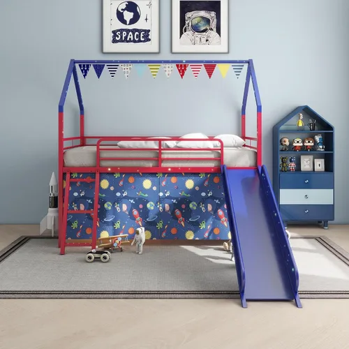 Vista 6 de Cama tipo loft de metal tamaño individual con tobogán y cortina, cama tipo loft con escalera y riel de seguridad, marco de cama tipo loft para niños