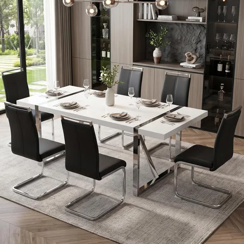 Vista 17 de Ebullient Juego de Mesa de Cocina Rectangular de MDF Blanca y Sillas de Comedor de Cuero Set de 6, Mesa de Comedor con Marco de Metal Dorado Moderno