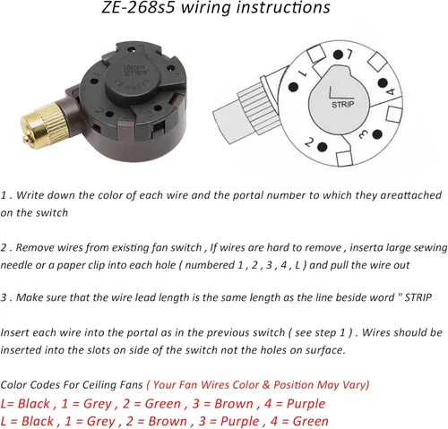 Vista 3 de Interruptor de ventilador de techo Zing Ear ZE-268S5, interruptor de 4 velocidades de 5 cables, control de velocidad de repuesto de luz de Latón