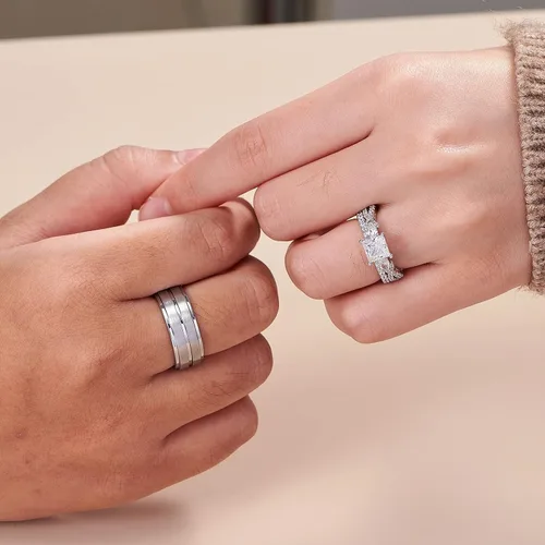 Vista 5 de Newshe Jewellery Juego de anillos de boda para él y ella, AAAAA, circonita cúbica para mujeres y hombres, anillos de tungsteno de plata de ley 925