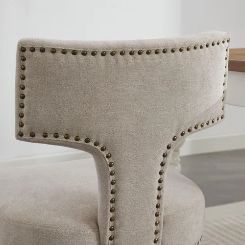 Vista 8 de SoarFlash Juego de 2 sillas de comedor modernas de madera, silla tapizada de tela de lino de granja, respaldo curvado con clavos de cobre alrededor
