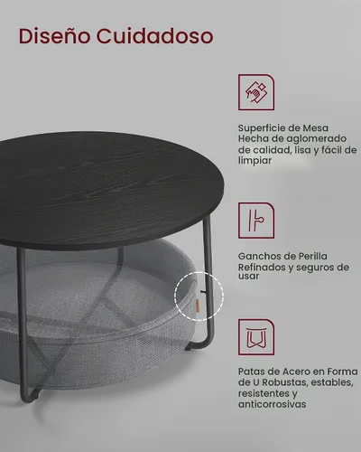 Vista 4 de VASAGLE Colección LILEA - Mesa de centro con almacenamiento, mesa redonda para sala de estar con cesta de tela, estilo moderno, marco de metal Tinta