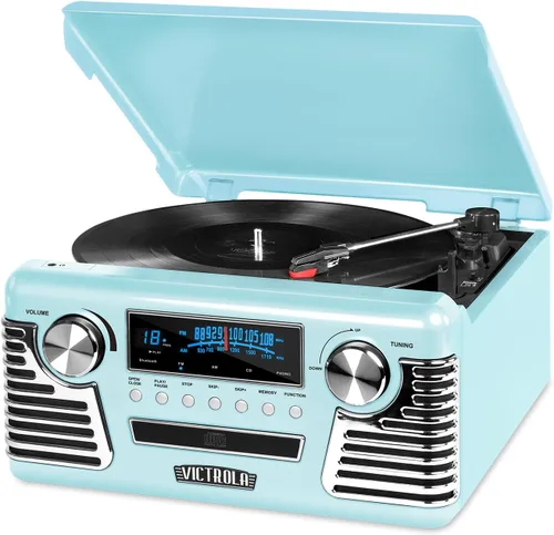 Vista 8 de Victrola Haley - Tocadiscos retro con Bluetooth y centro multimedia con altavoces integrados - Tocadiscos de 3 velocidades, reproductor de CD, radio