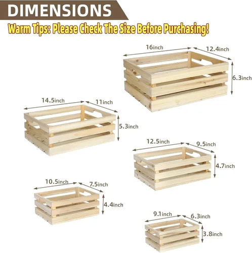 Vista 3 de Juego de 5 cajas de madera rústica sin terminar, cajas de almacenamiento de listones para montaje en pared con asas, cajas de madera de granja