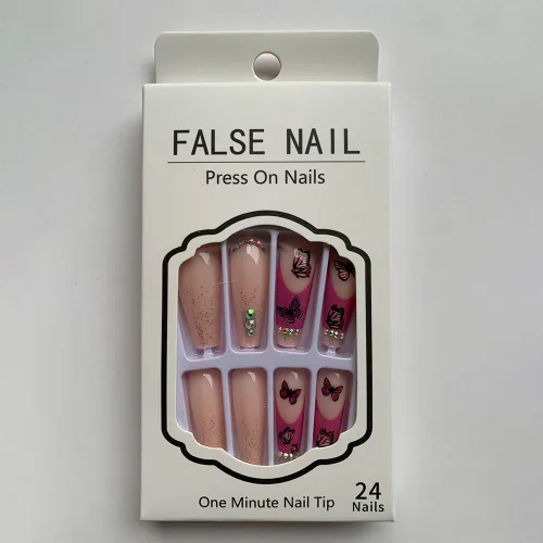 Vista 6 de 24 uñas acrílicas a presión, uñas postizas largas con diseños de mariposa rosa, diamantes de imitación, polvo de purpurina, punta francesa