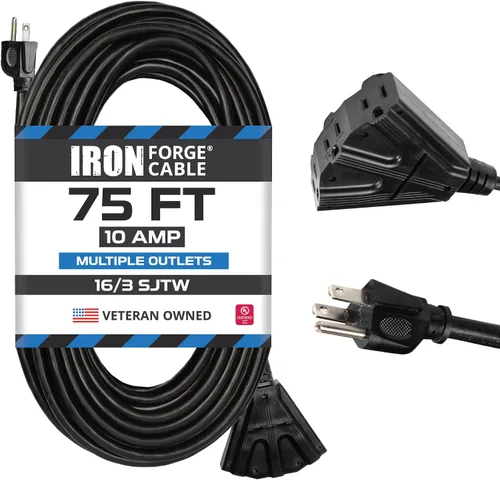Vista 14 de Iron Forge Cable Cable de extensión negro de 6 pies con 3 tomas de corriente, SJTW de 16/3, cable de extensión de 6 pies, 3 clavijas, resistente a