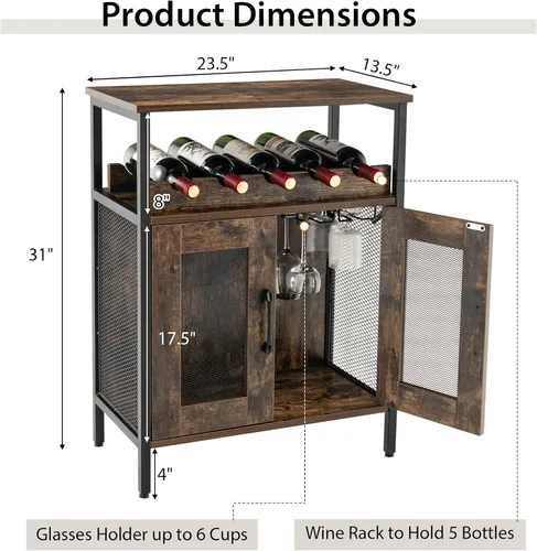 Vista 3 de Giantex Armario industrial para licores con soporte para vidrio, estante extraíble para vino, 2 puertas de malla metálica, aparador pequeño