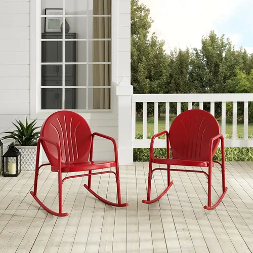 Vista 8 de Crosley Furniture Griffith - Juego de 2 mecedoras de metal retro para exteriores, para porche, terraza, balcón, patio trasero, rojo brillante