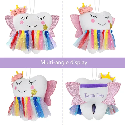 Vista 6 de free-space Almohada de hadas de dientes con bolsillo para niñas, alas brillantes, bolsa de hadas, regalo de recuerdo para niña (colorido)
