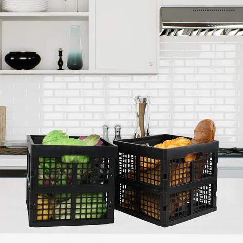 Vista 2 de Cajas de almacenamiento plegables de 18 L, cajas cuadradas de plástico, negro, paquete de 3