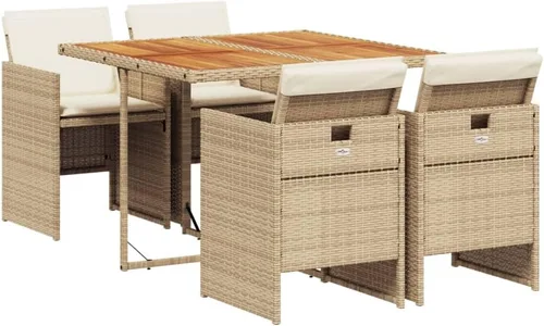 Vista 2 de Juego de comedor de patio de 5 piezas, muebles de exterior sintético de ratán beige, mesa rectangular con 4 sillas, resistente a la intemperie