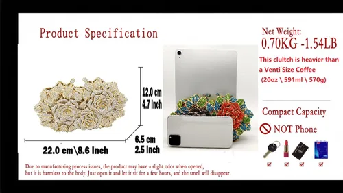 Vista 3 de Boutique De FGG Deslumbrantes bolsos de noche de flores para mujer, bolsos formales de fiesta con diamantes de imitación, bolso de mano de cristal