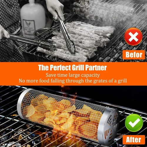 Vista 3 de Juego de barbacoa de 10 piezas: 2 cestas de parrilla enrollables para voltear sin esfuerzo, acero inoxidable 304 para una fácil limpieza, salchichas