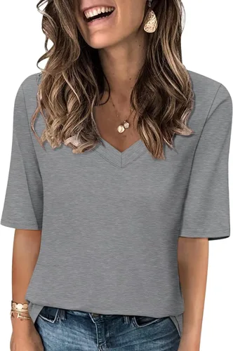 Vista 10 de Minetom Camisetas de verano básicas de media manga con cuello en V para mujer