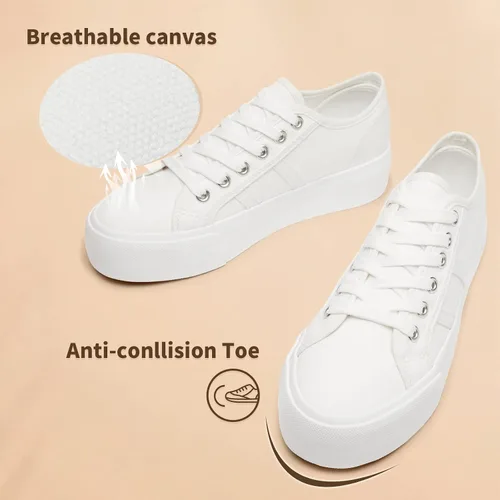 Vista 3 de Waluzs Zapatillas de plataforma para mujer, zapatos de plataforma baja con cordones, zapatos de lona para mujer, zapatos de tenis blancos