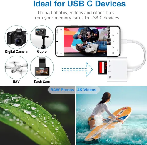 Vista 7 de Lector de tarjetas USB C a SD/MicroSD para iPhone 15/16/17, adaptador de lector de tarjetas de memoria USB C a cámara 4 en 1 con puerto de carga