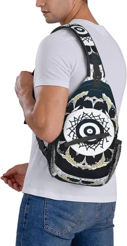 Vista 7 de Bolso redondo de tótem blanco y negro, bolsa cruzada de viaje, senderismo, mini mochila de pecho, mochila casual para el hombro para mujeres