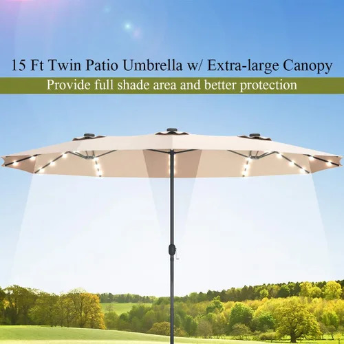 Vista 7 de Tangkula Sombrilla solar de patio de 15 pies con base, sombrilla individual extragrande de doble cara para exteriores con 36 luces LED y manivela