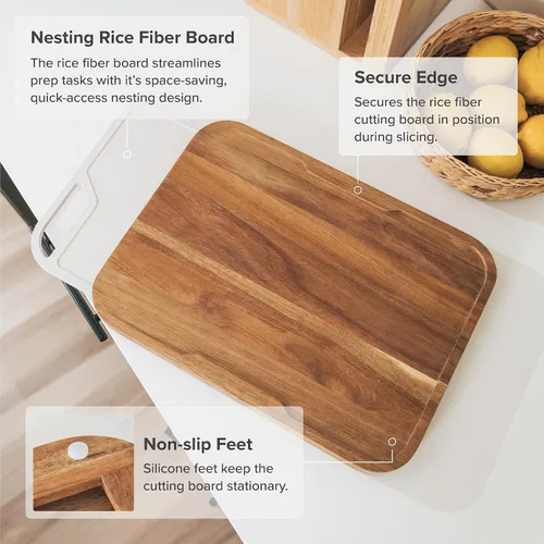 Vista 7 de KitchenEdge Juego de tablas de cortar anidadas, 2 piezas, acacia Tabla de cortar de fibra de arroz, pies antideslizantes, ranura para jugo